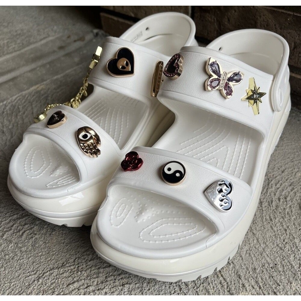 Crocs Mega Crush Women's 9 Men's 7 Platform Sandals - White w/ Jibbitz Charms - Picture 6 of 16